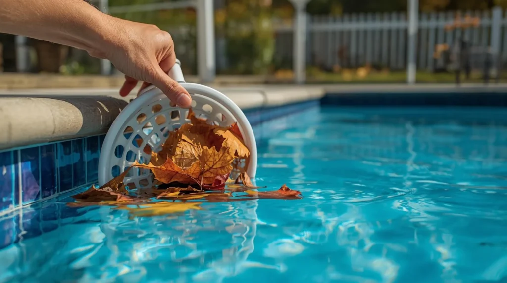 Pool skimmer basket filled with leaves and debris being removed to prevent pool filter clogging