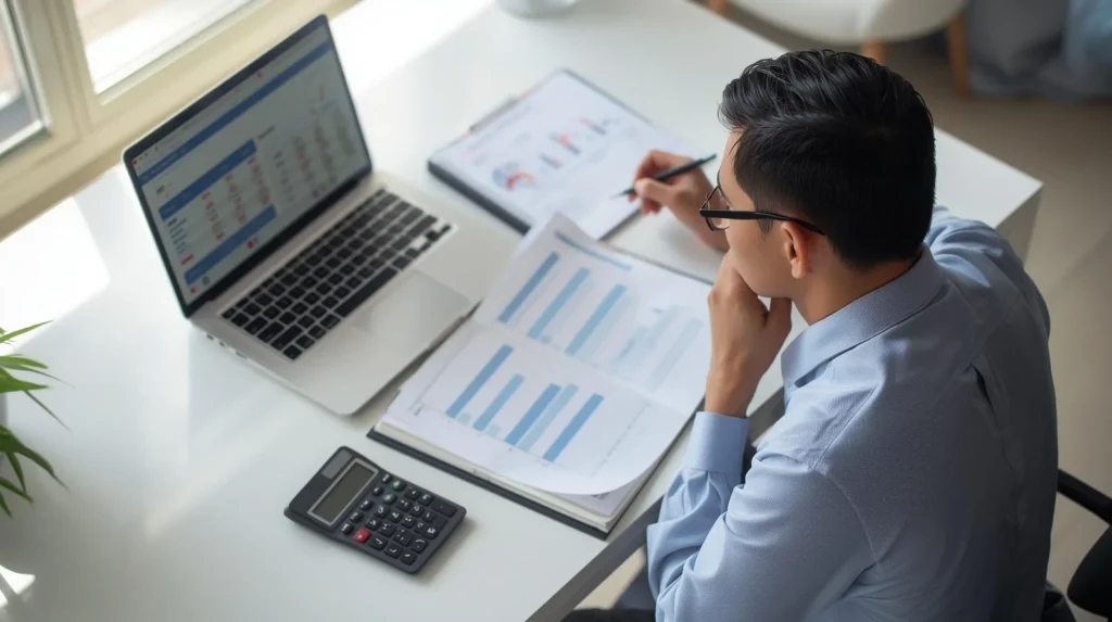 Person reviewing loan documents and charts on laptop, evaluating Borrowing options and repayment costs before making a decision