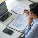 Person reviewing loan documents and charts on laptop, evaluating Borrowing options and repayment costs before making a decision