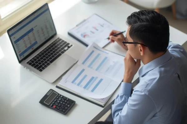 Person reviewing loan documents and charts on laptop, evaluating Borrowing options and repayment costs before making a decision