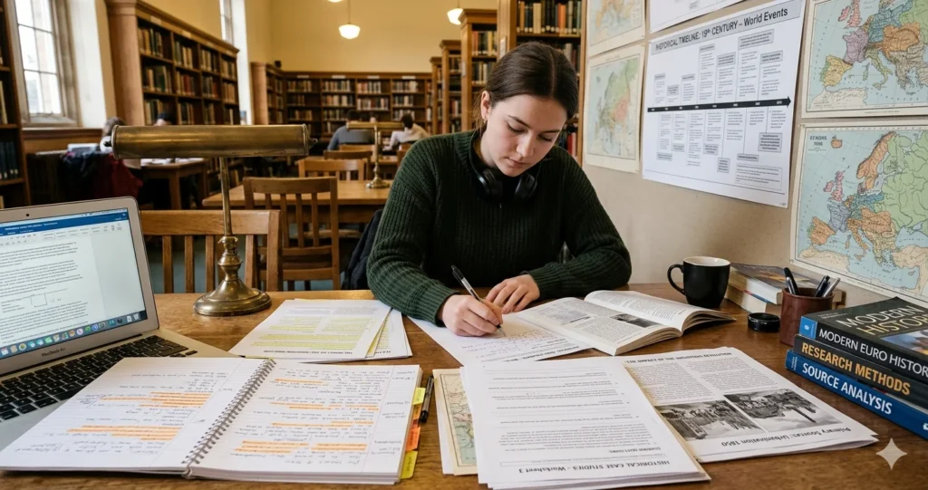 Student in a library analyzing historical case study worksheets at a wooden desk with a laptop, textbooks, maps, and a timeline chart. Focused academic study scene.