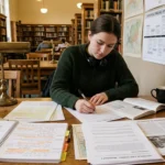 Student in a library analyzing historical case study worksheets at a wooden desk with a laptop, textbooks, maps, and a timeline chart. Focused academic study scene.