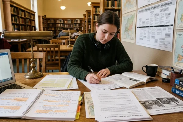 Student in a library analyzing historical case study worksheets at a wooden desk with a laptop, textbooks, maps, and a timeline chart. Focused academic study scene.