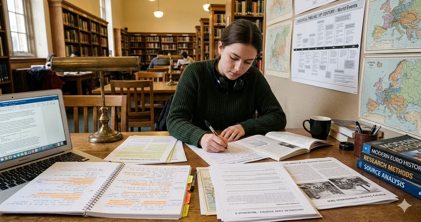 Student in a library analyzing historical case study worksheets at a wooden desk with a laptop, textbooks, maps, and a timeline chart. Focused academic study scene.