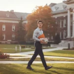Sean Ohearn VT student walking across a university campus holding books during autumn at Virginia Tech