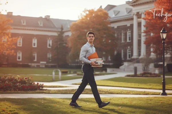 Sean Ohearn VT student walking across a university campus holding books during autumn at Virginia Tech