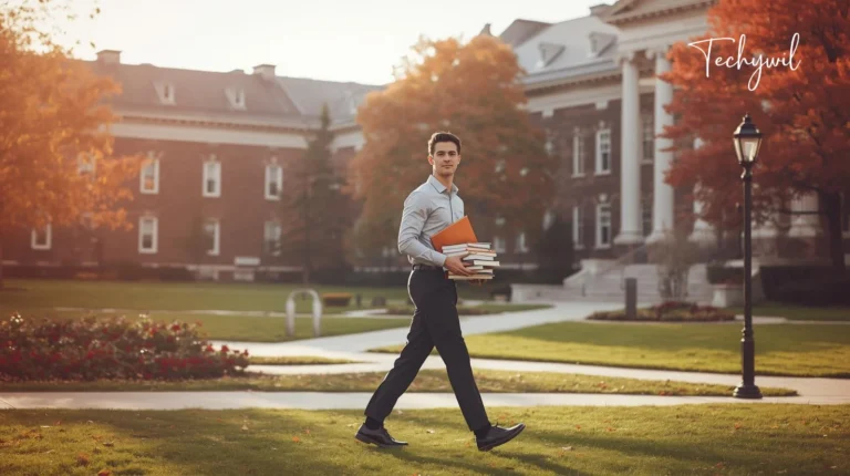 Sean Ohearn VT student walking across a university campus holding books during autumn at Virginia Tech