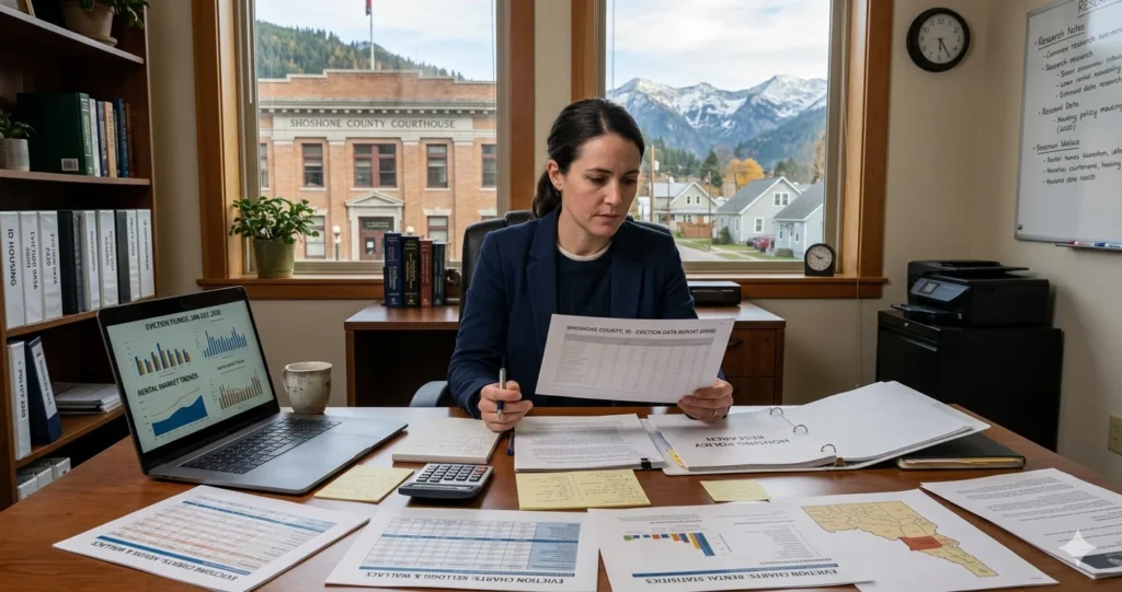 A serious housing policy analyst reviews 2020 eviction data and Idaho maps at a desk overlooking the Shoshone County Courthouse and snowy mountains in Kellogg