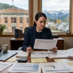 A serious housing policy analyst reviews 2020 eviction data and Idaho maps at a desk overlooking the Shoshone County Courthouse and snowy mountains in Kellogg