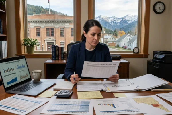 A serious housing policy analyst reviews 2020 eviction data and Idaho maps at a desk overlooking the Shoshone County Courthouse and snowy mountains in Kellogg