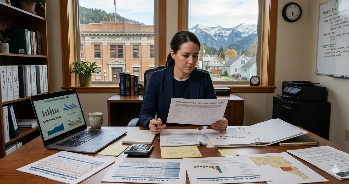 A serious housing policy analyst reviews 2020 eviction data and Idaho maps at a desk overlooking the Shoshone County Courthouse and snowy mountains in Kellogg
