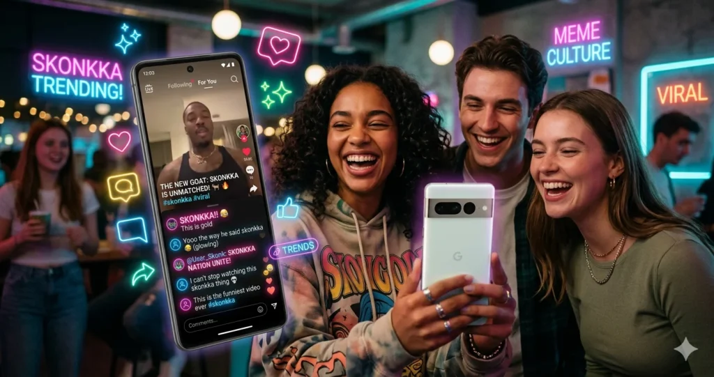 A vibrant 4K digital scene of young people laughing at a viral 'skonkka' meme on a smartphone. The screen shows social media comments, floating neon icons, and dynamic trending text under realistic lighting.