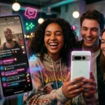 A vibrant 4K digital scene of young people laughing at a viral 'skonkka' meme on a smartphone. The screen shows social media comments, floating neon icons, and dynamic trending text under realistic lighting.