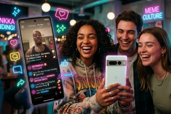 A vibrant 4K digital scene of young people laughing at a viral 'skonkka' meme on a smartphone. The screen shows social media comments, floating neon icons, and dynamic trending text under realistic lighting.