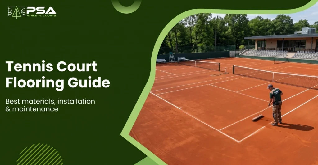Tennis court flooring guide showing a professionally maintained clay tennis court with installation and maintenance focus