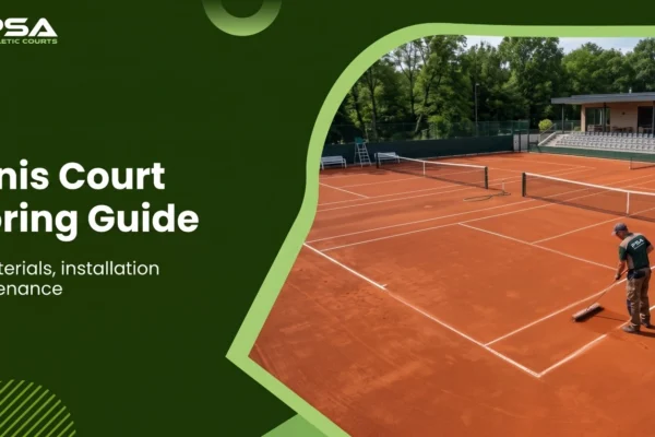 Tennis court flooring guide showing a professionally maintained clay tennis court with installation and maintenance focus