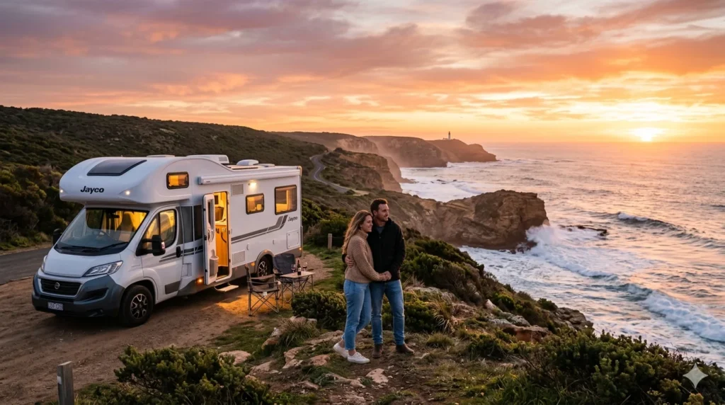 Romantic couple standing beside a motorhome on a coastal cliff in Australia at sunset with ocean view