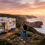 Romantic couple standing beside a motorhome on a coastal cliff in Australia at sunset with ocean view