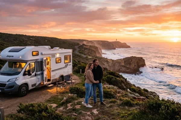 Romantic couple standing beside a motorhome on a coastal cliff in Australia at sunset with ocean view