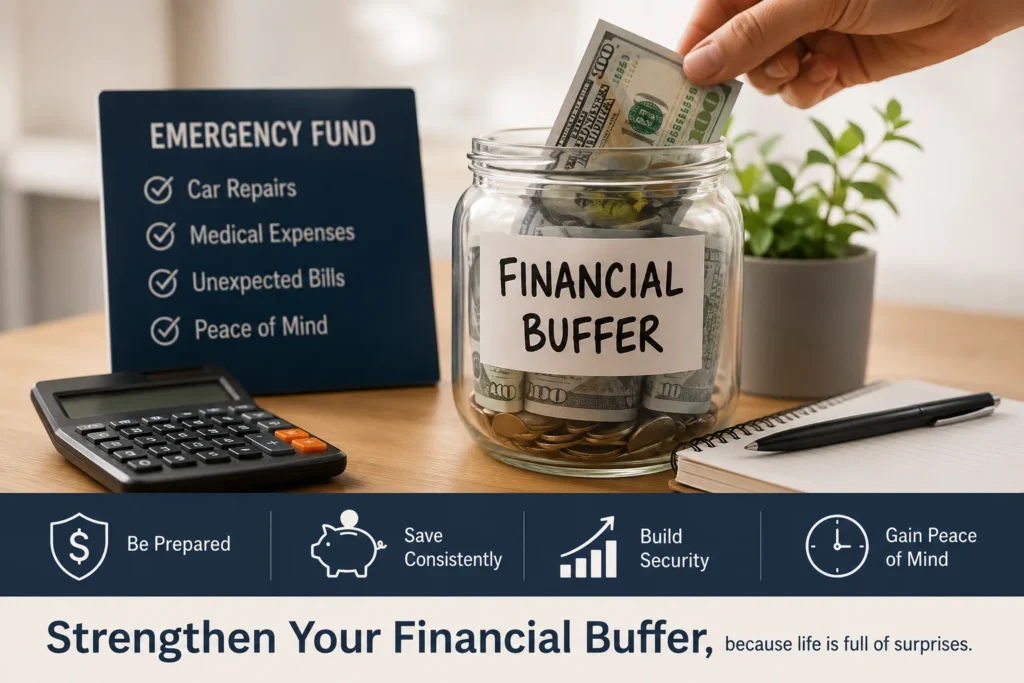 Building a financial buffer with cash savings jar, emergency fund checklist, and tools for managing unexpected expenses