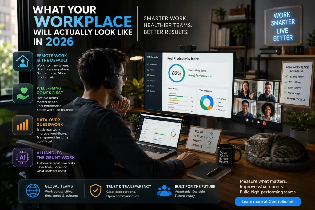 Futuristic 2026 workplace with remote worker using AI productivity tools, hybrid team video calls, productivity dashboard, and modern home office setup.