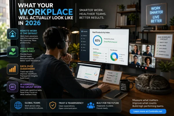 Futuristic 2026 workplace with remote worker using AI productivity tools, hybrid team video calls, productivity dashboard, and modern home office setup.