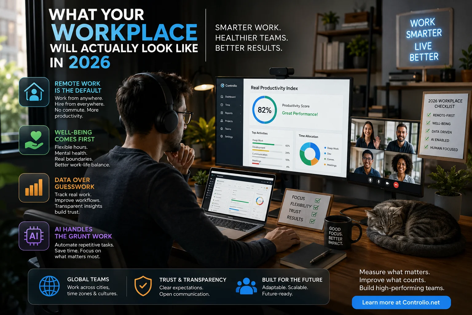 Futuristic 2026 workplace with remote worker using AI productivity tools, hybrid team video calls, productivity dashboard, and modern home office setup.