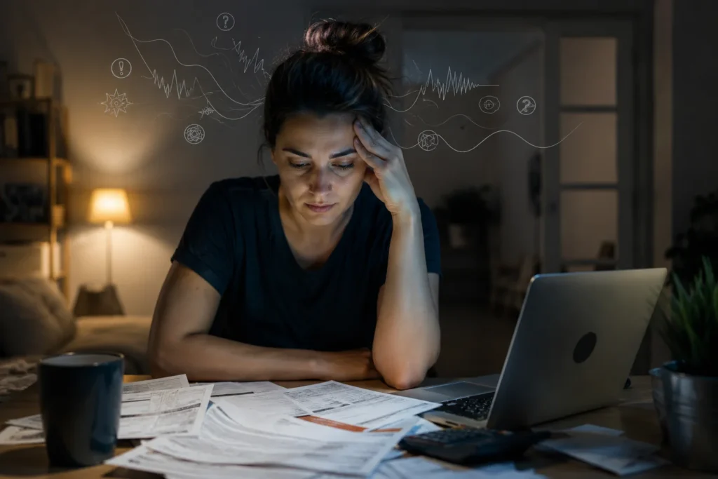 Thoughtful stressed woman sitting at a desk at night with unpaid bills and laptop, holding her temple, symbolizing financial stress and mental overload