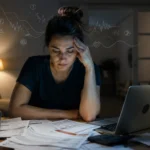 Thoughtful stressed woman sitting at a desk at night with unpaid bills and laptop, holding her temple, symbolizing financial stress and mental overload