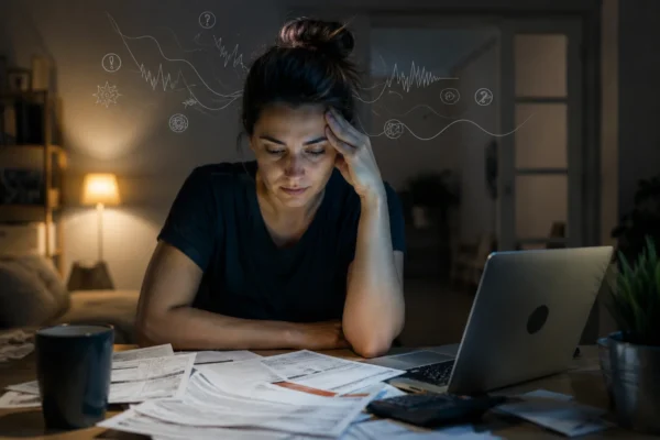 Thoughtful stressed woman sitting at a desk at night with unpaid bills and laptop, holding her temple, symbolizing financial stress and mental overload
