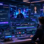 Futuristic AI video creation workspace in 2026 with holographic screens, AI avatars, text-to-video generation tools, marketing dashboards, and video editing automation
