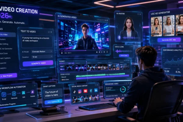 Futuristic AI video creation workspace in 2026 with holographic screens, AI avatars, text-to-video generation tools, marketing dashboards, and video editing automation