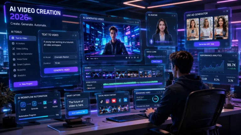 Futuristic AI video creation workspace in 2026 with holographic screens, AI avatars, text-to-video generation tools, marketing dashboards, and video editing automation