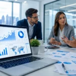 Modern SEO team analyzing analytics dashboard with growth charts in a professional corporate office