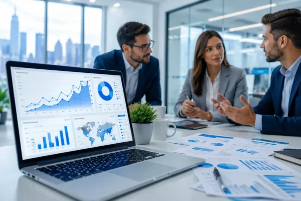 Modern SEO team analyzing analytics dashboard with growth charts in a professional corporate office