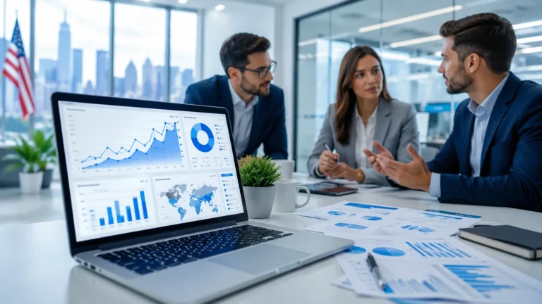 Modern SEO team analyzing analytics dashboard with growth charts in a professional corporate office