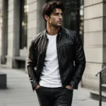 Confident young man wearing a black leather jacket and white T-shirt while standing on a modern city street.