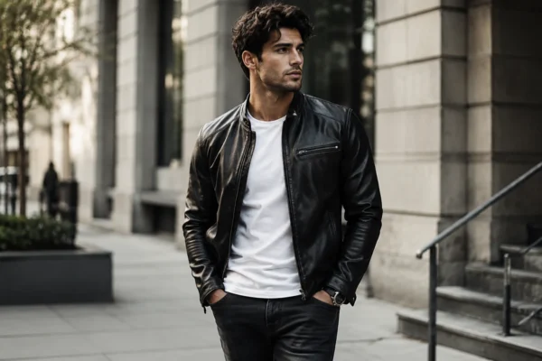 Confident young man wearing a black leather jacket and white T-shirt while standing on a modern city street.