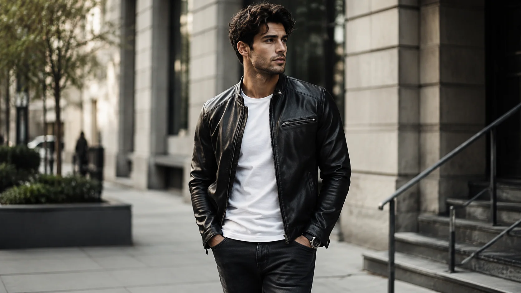Confident young man wearing a black leather jacket and white T-shirt while standing on a modern city street.