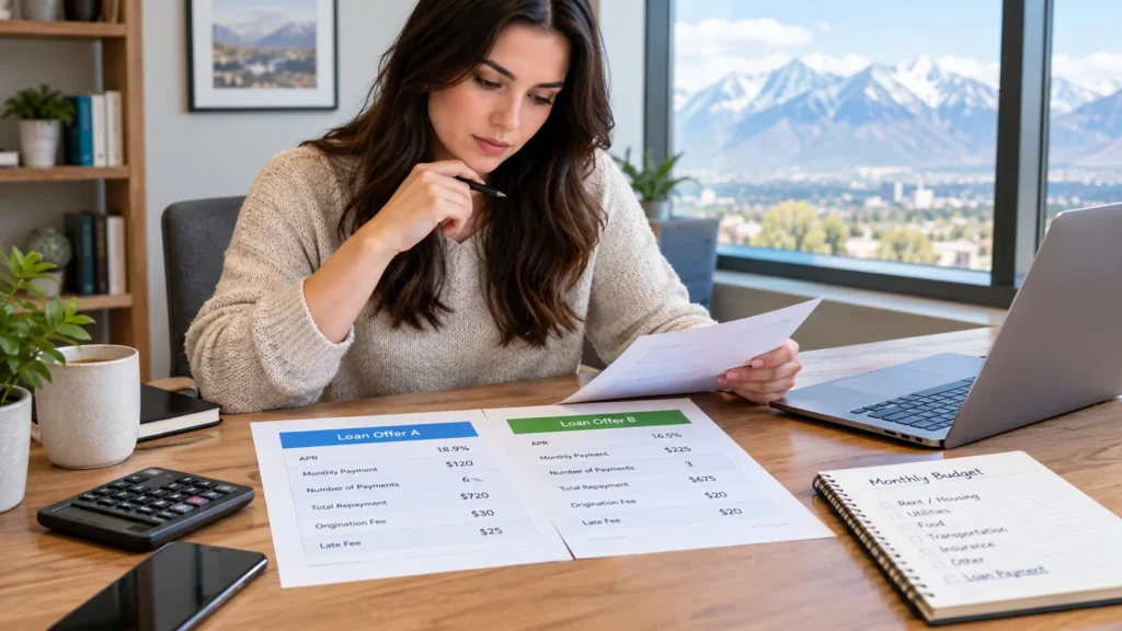 Utah borrower comparing short-term loan offers, APR, fees, payment schedules, and total repayment costs before signing