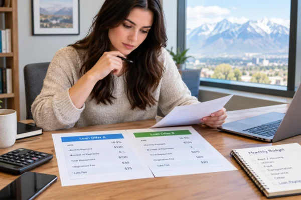 Utah borrower comparing short-term loan offers, APR, fees, payment schedules, and total repayment costs before signing