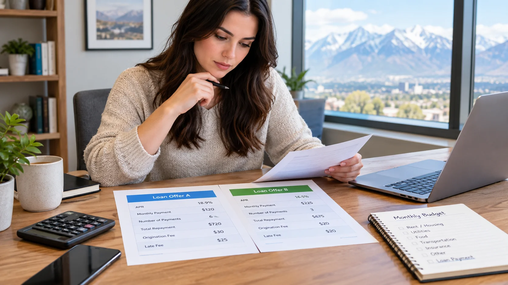 Utah borrower comparing short-term loan offers, APR, fees, payment schedules, and total repayment costs before signing